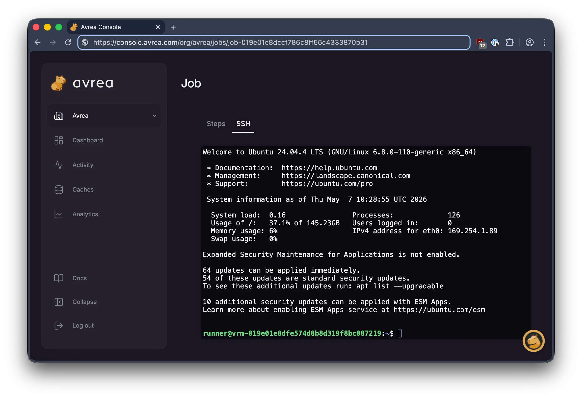 In-browser SSH terminal connected to an Avrea runner VM